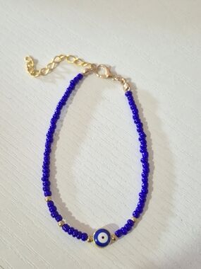 Blue Beaded Evil Eye Bracelet | Gold Accent
